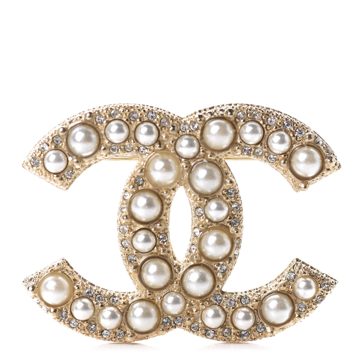 Pearl Crystal CC Brooch Gold