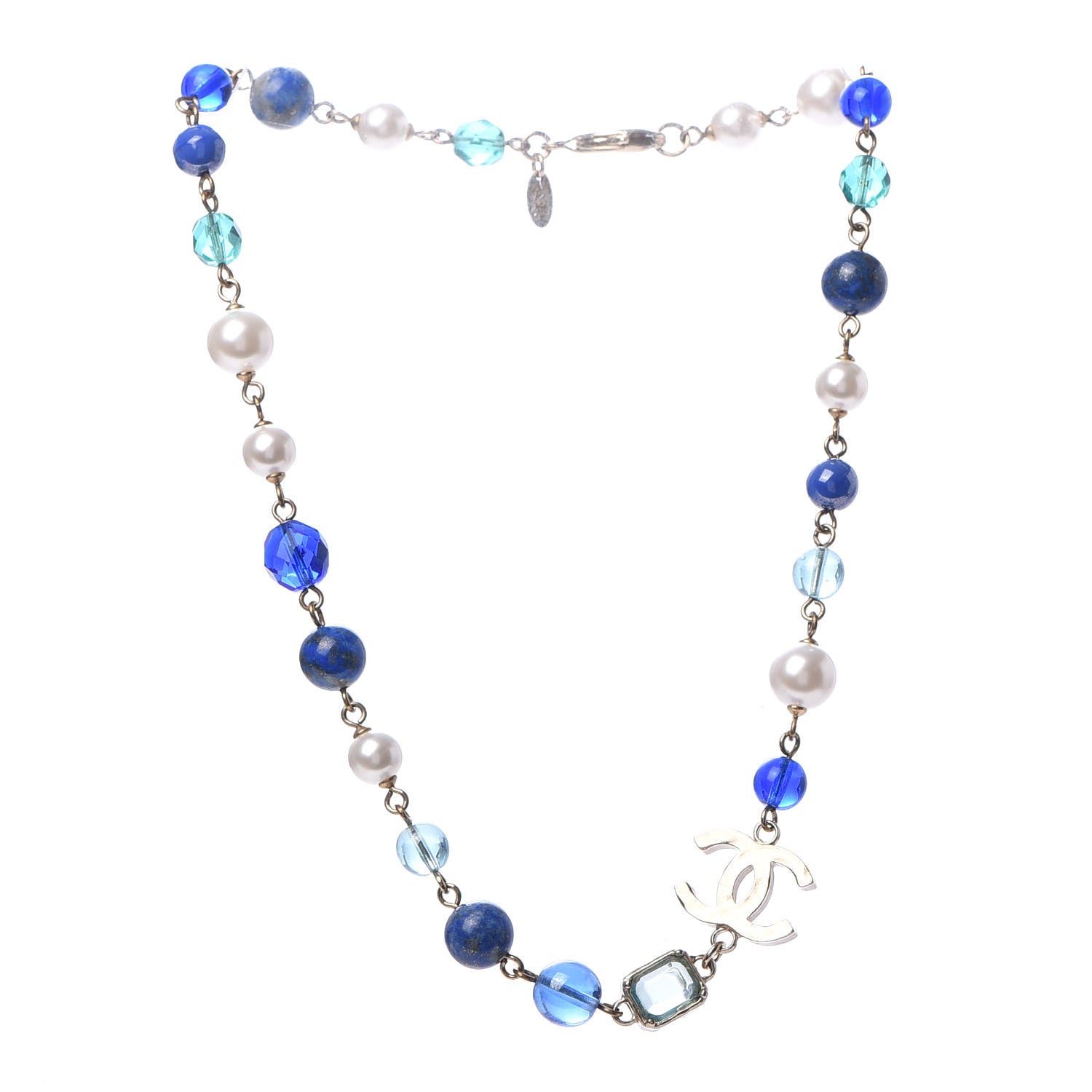 Chanel Ruthenium Pearl Beaded CC Short Necklace Silver Blue 3 of 6