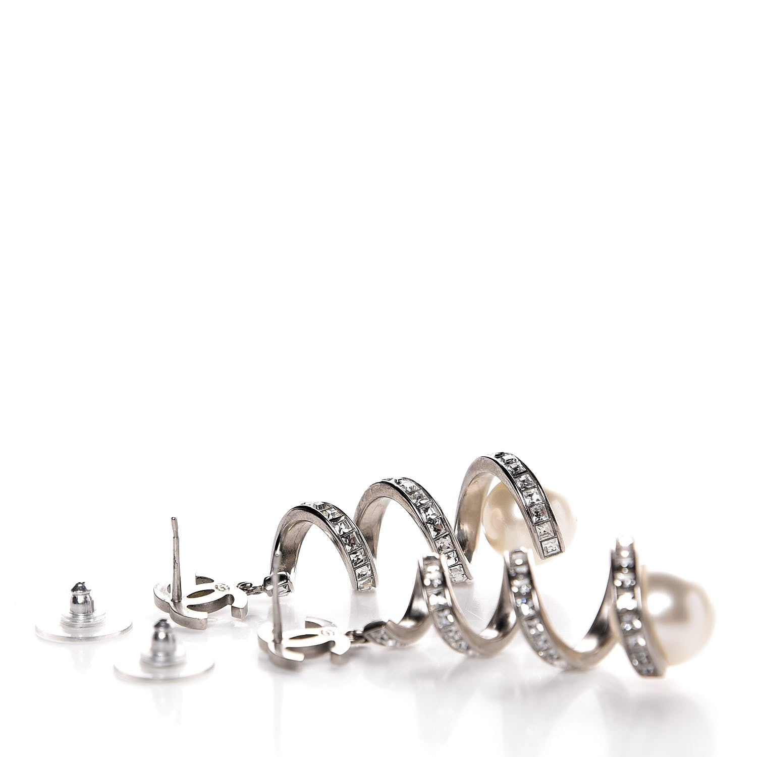 Chanel Baguette Crystal Pearl CC Drop Earrings Silver 3 of 3
