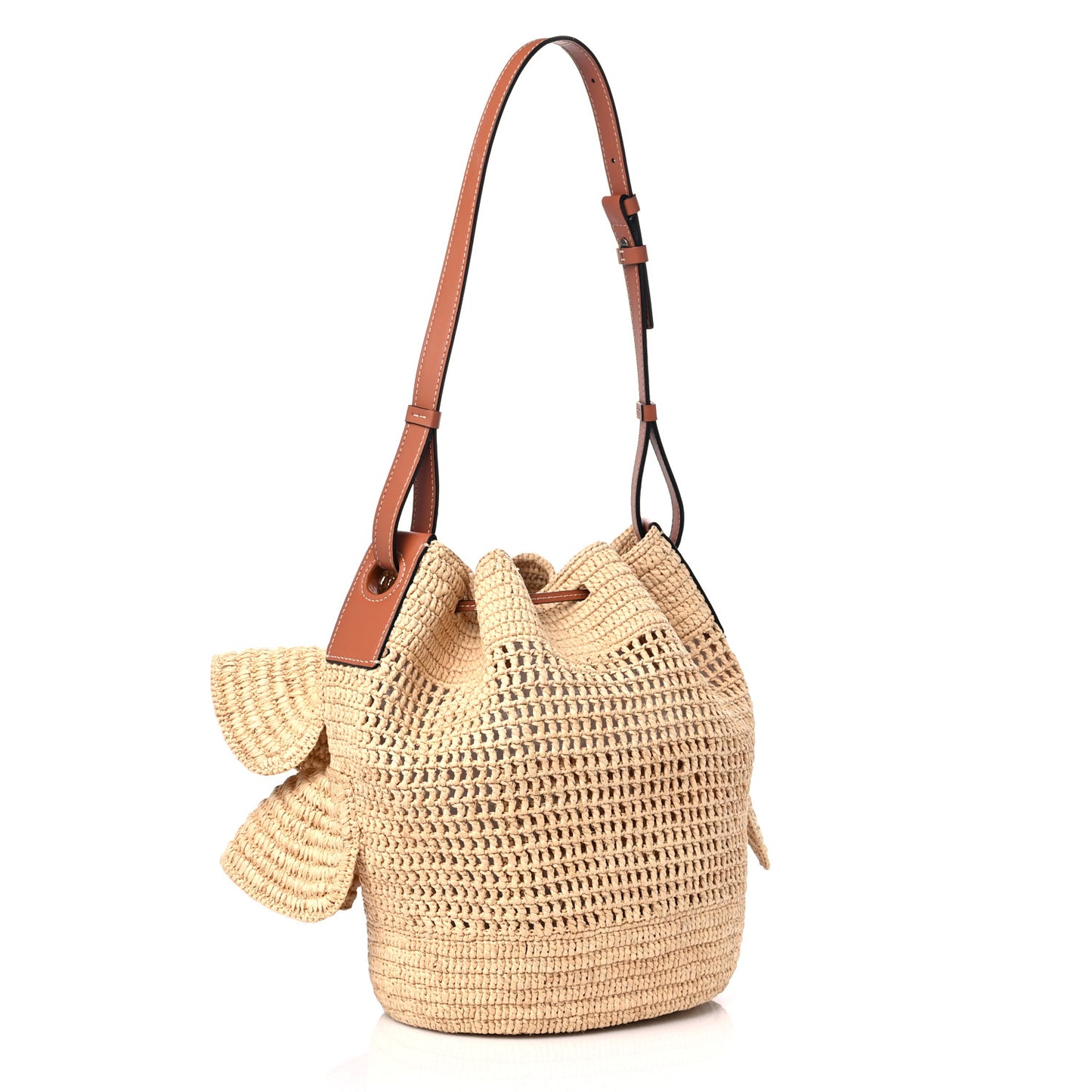 Raffia Calfskin Balloon Ruffles Bucket Bag Natural Tan