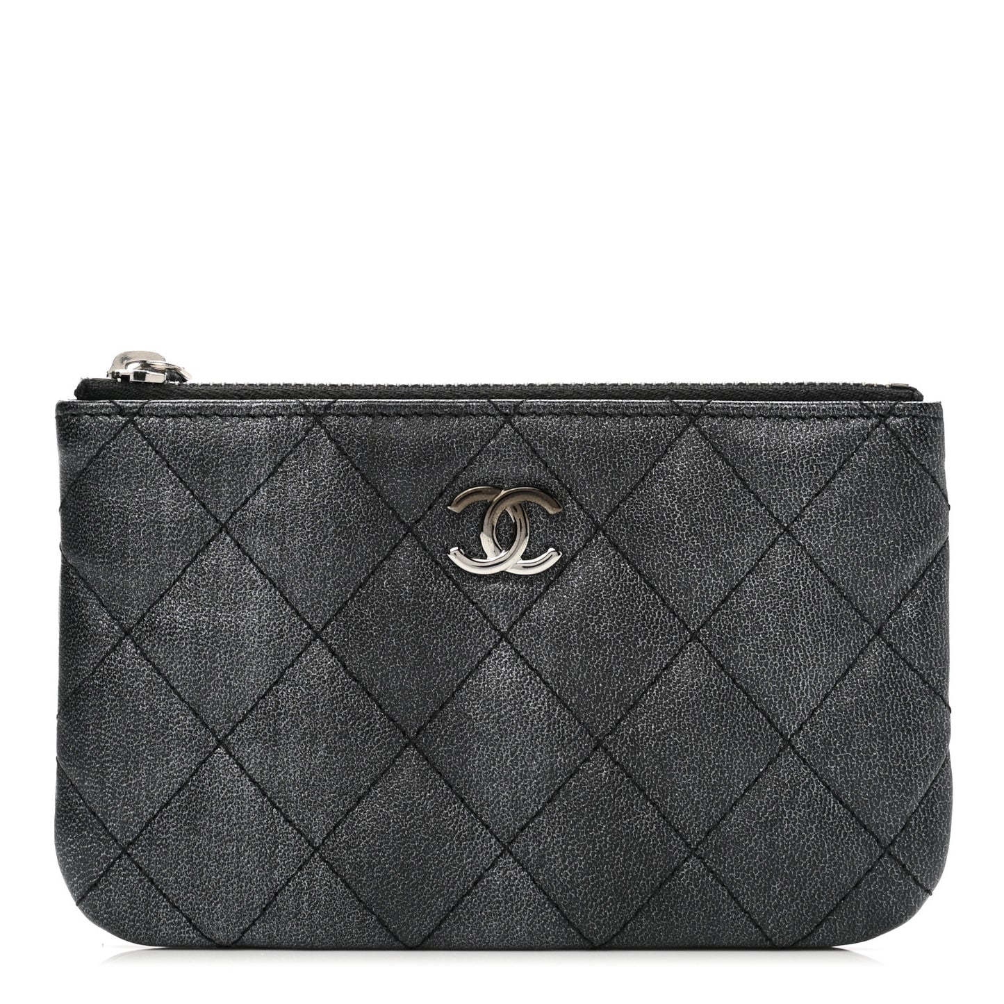 Metallic Goatskin Quilted Small Cosmetic Case Dark Grey