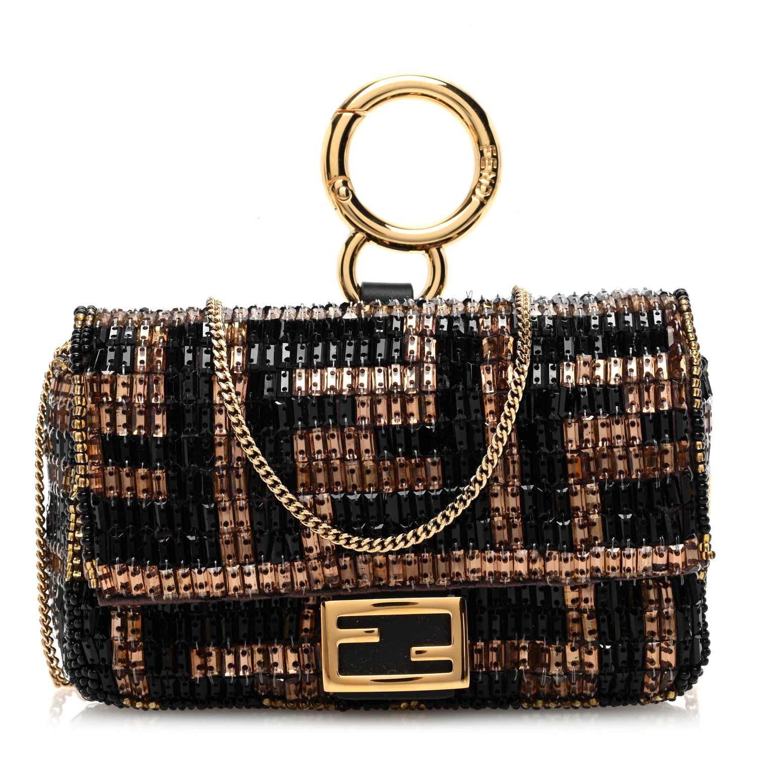 Fendi Crystal Vitello King FF Beaded Nano Baguette Charm Moro Black 1 of 10