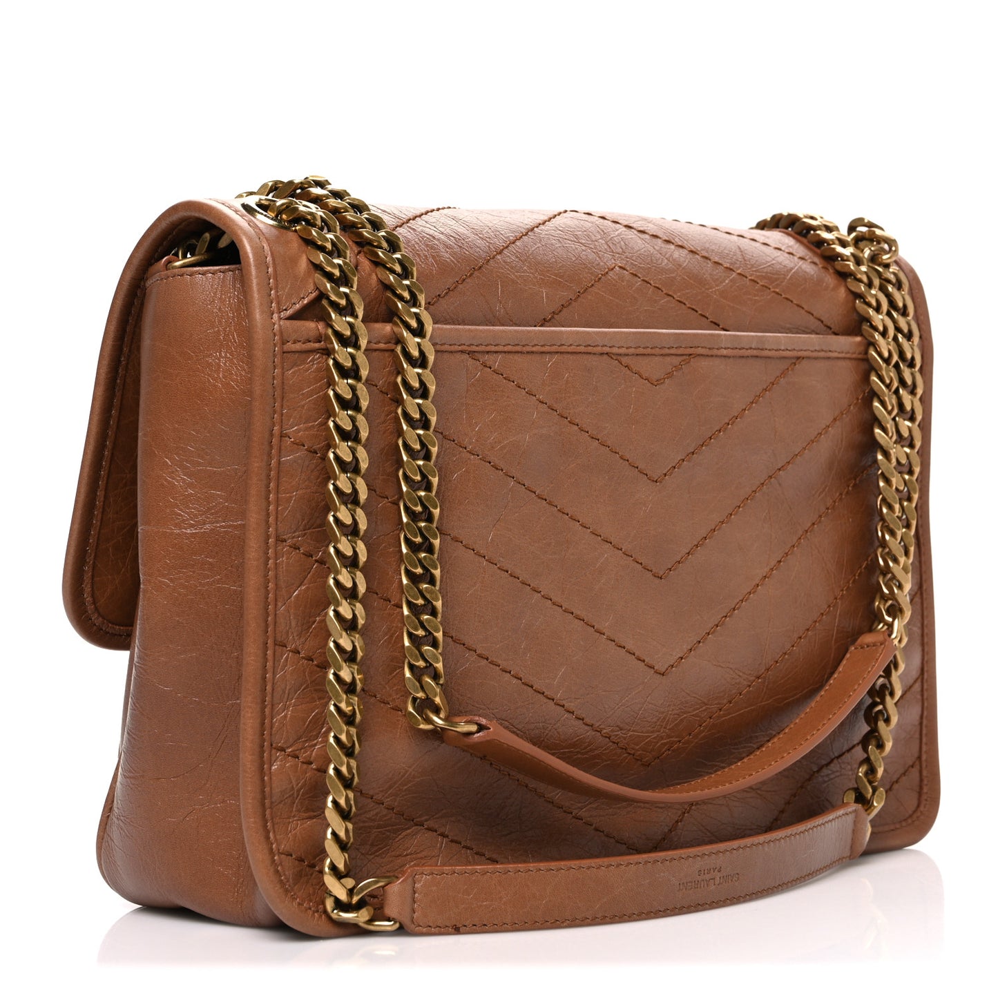 Crinkled Calfskin Matelasse Monogram Medium Niki Chain Satchel Caramel