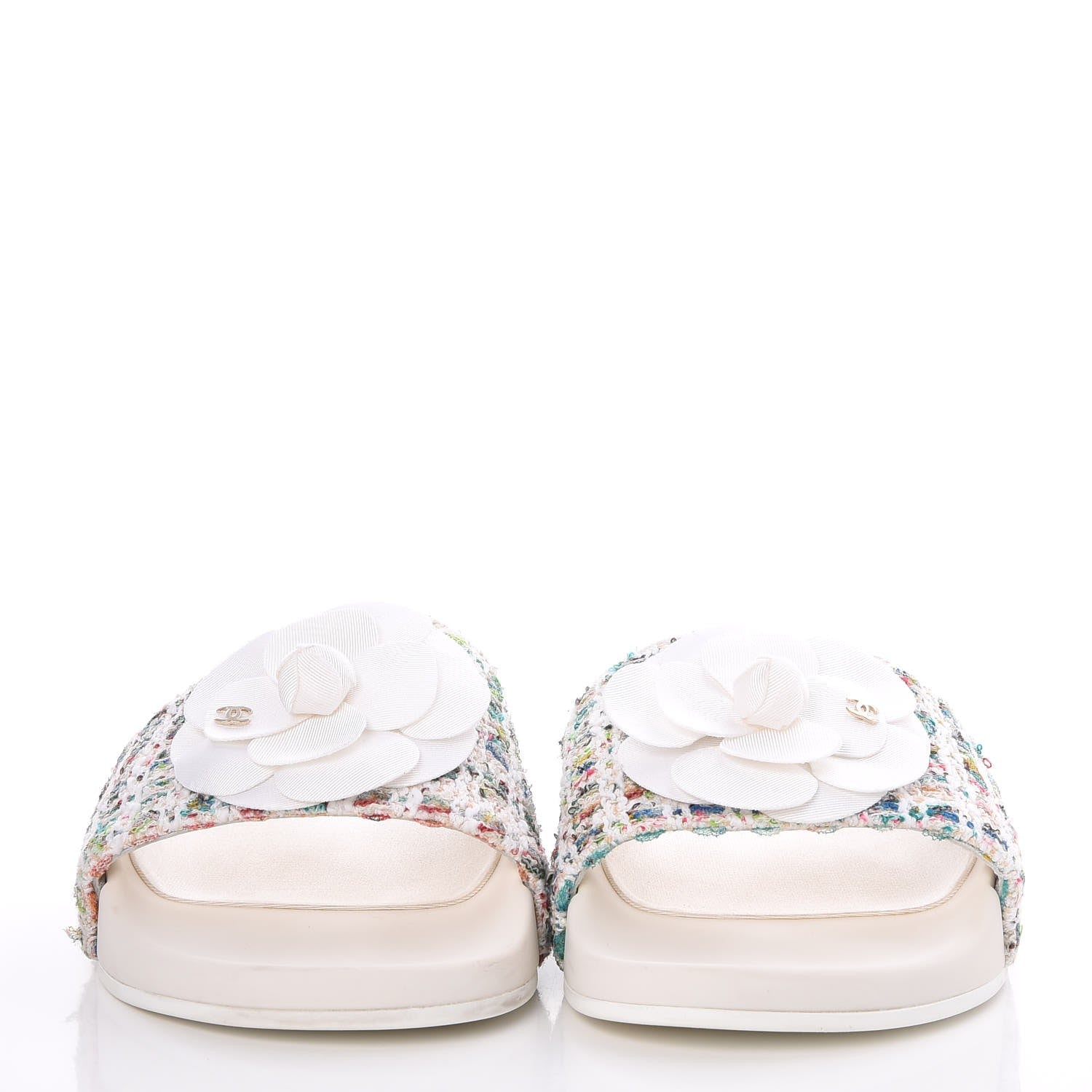 Chanel Tweed Grosgrain Camellia Flat Sandals 39 Ivory Ecru Green 2 of 9