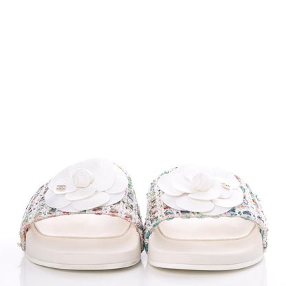 Chanel Tweed Grosgrain Camellia Flat Sandals 39 Ivory Ecru Green 2 of 9