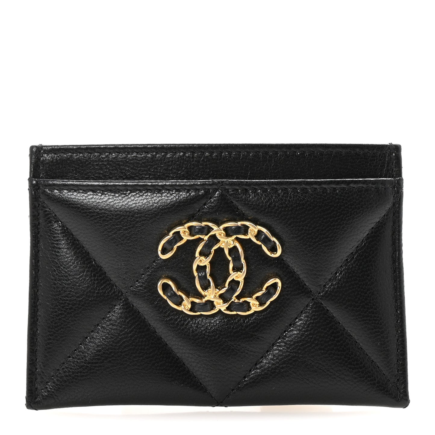 Shiny Goatskin Quilted Chanel 19 Card Holder Black