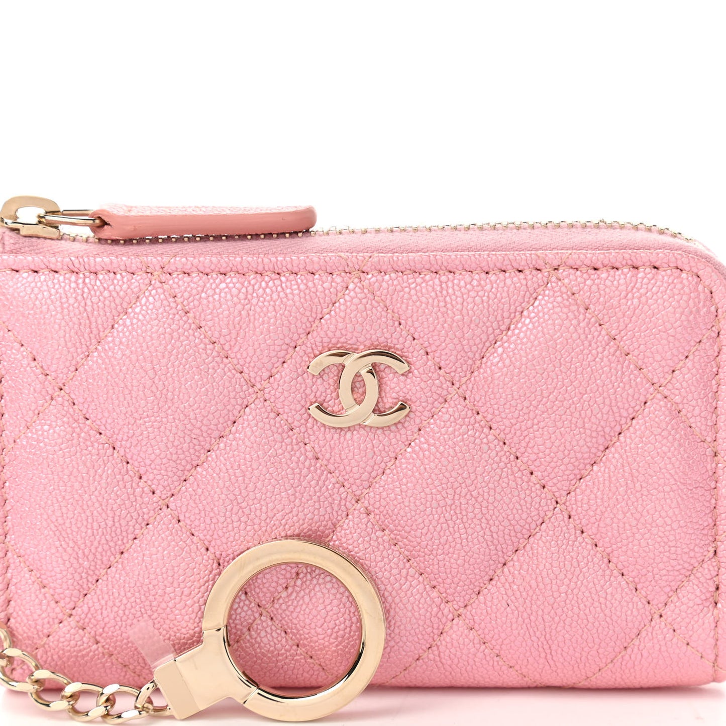 Iridescent Caviar Quilted Zipped Key Holder Case Rose Pink