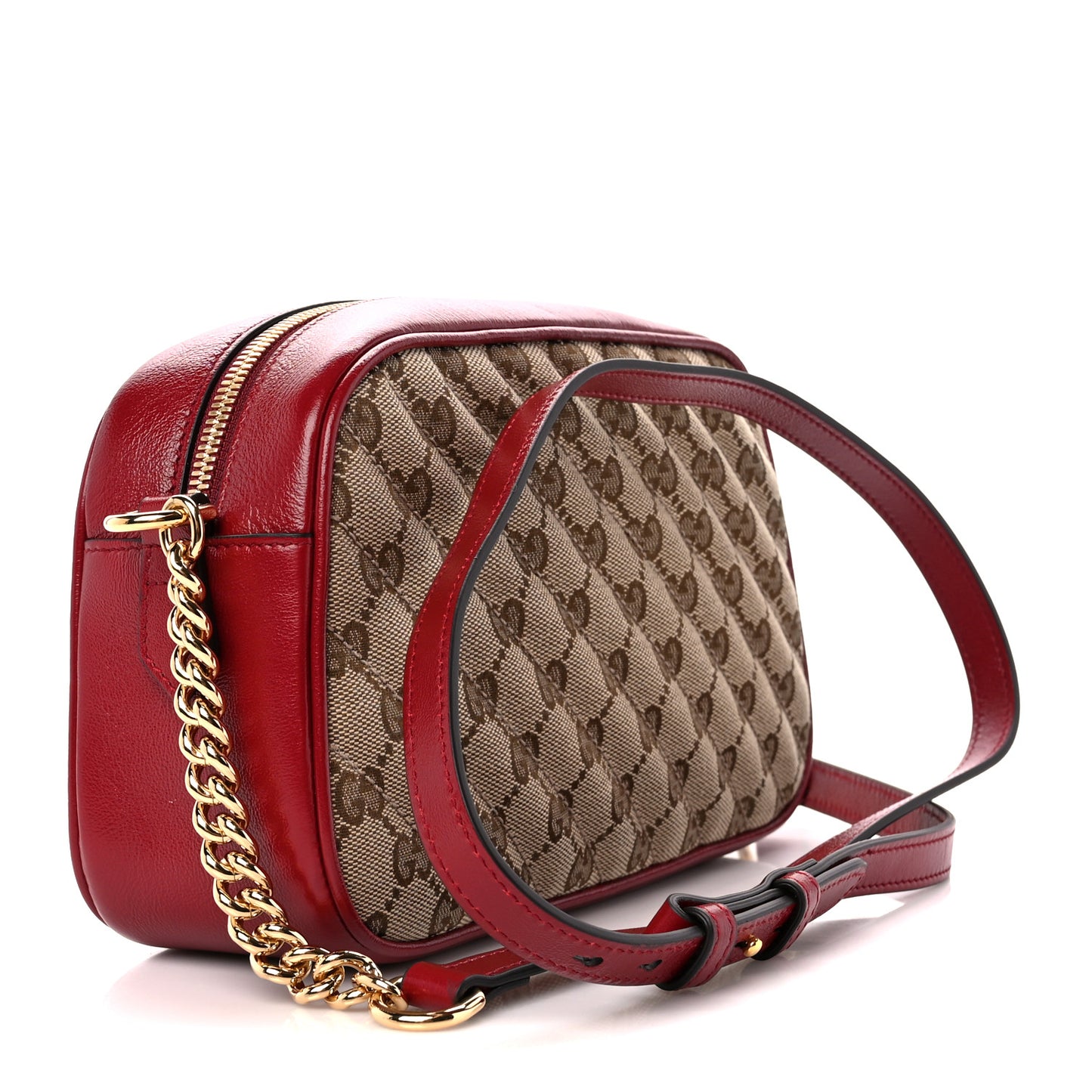 Monogram Azalea Calfskin Matelasse Diagonal Small GG Marmont Chain Shoulder Bag Beige Ebony New Cherry Red