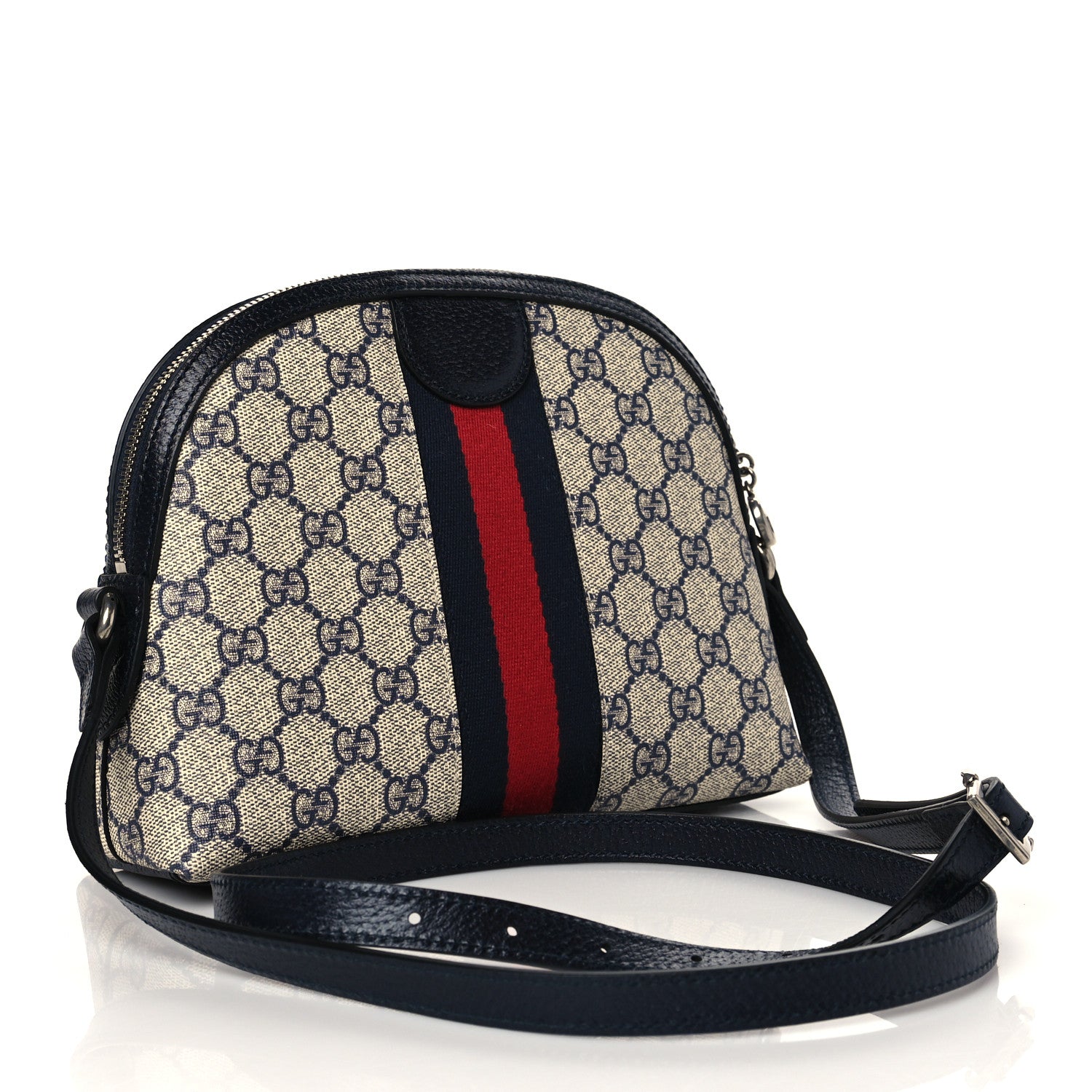 Gucci GG Supreme Monogram Textured Dollar Calfskin Web Small Ophidia Dome Shoulder Bag Beige Blue 3 of 10