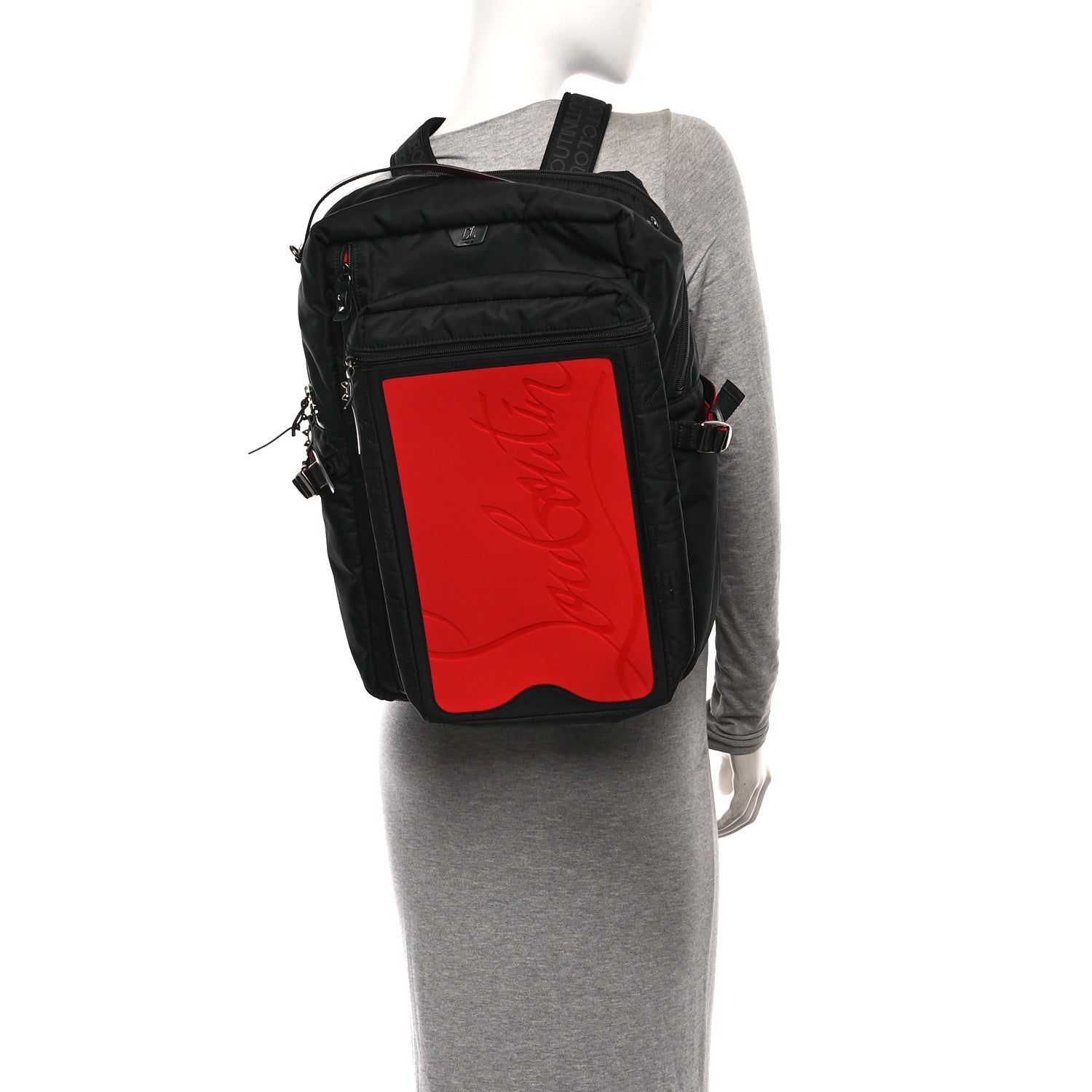Christian Louboutin Calfskin Rubber Nylon Loubideal Backpack Black Red 2 of 11