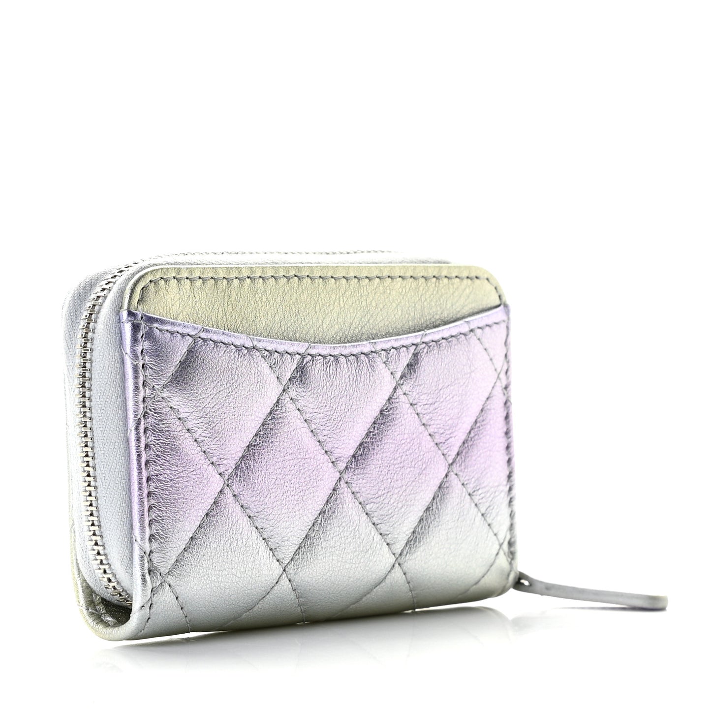 Gradient Metallic Calfskin Quilted Zip Around Coin Purse Wallet Silver Blue Yellow Purple