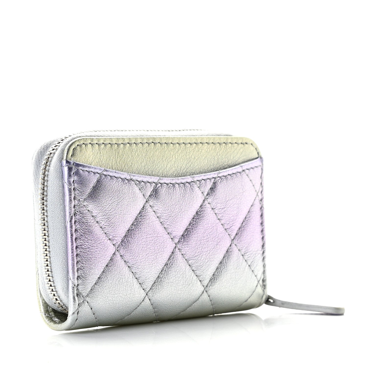 Chanel Gradient Metallic Calfskin Quilted Zip Around Coin Purse Wallet Silver Blue Yellow Purple 3 of 8
