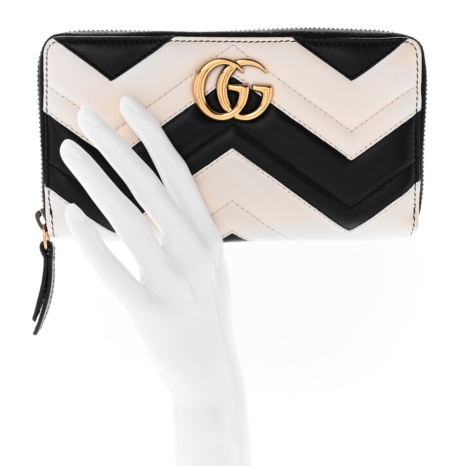 Gucci Calfskin Matelasse GG Marmont Zip Around Wallet Black White 2 of 8