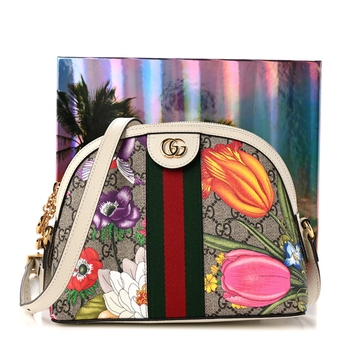 GG Supreme Monogram Flora Web GG Small Ophidia Dome Shoulder Bag White