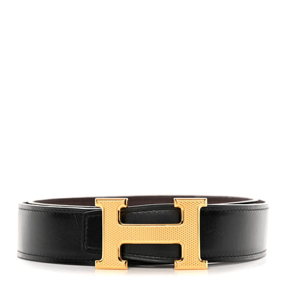 Hermes Box Togo 32mm Guilloche H Belt 80/32 Black Chocolate 1 of 8