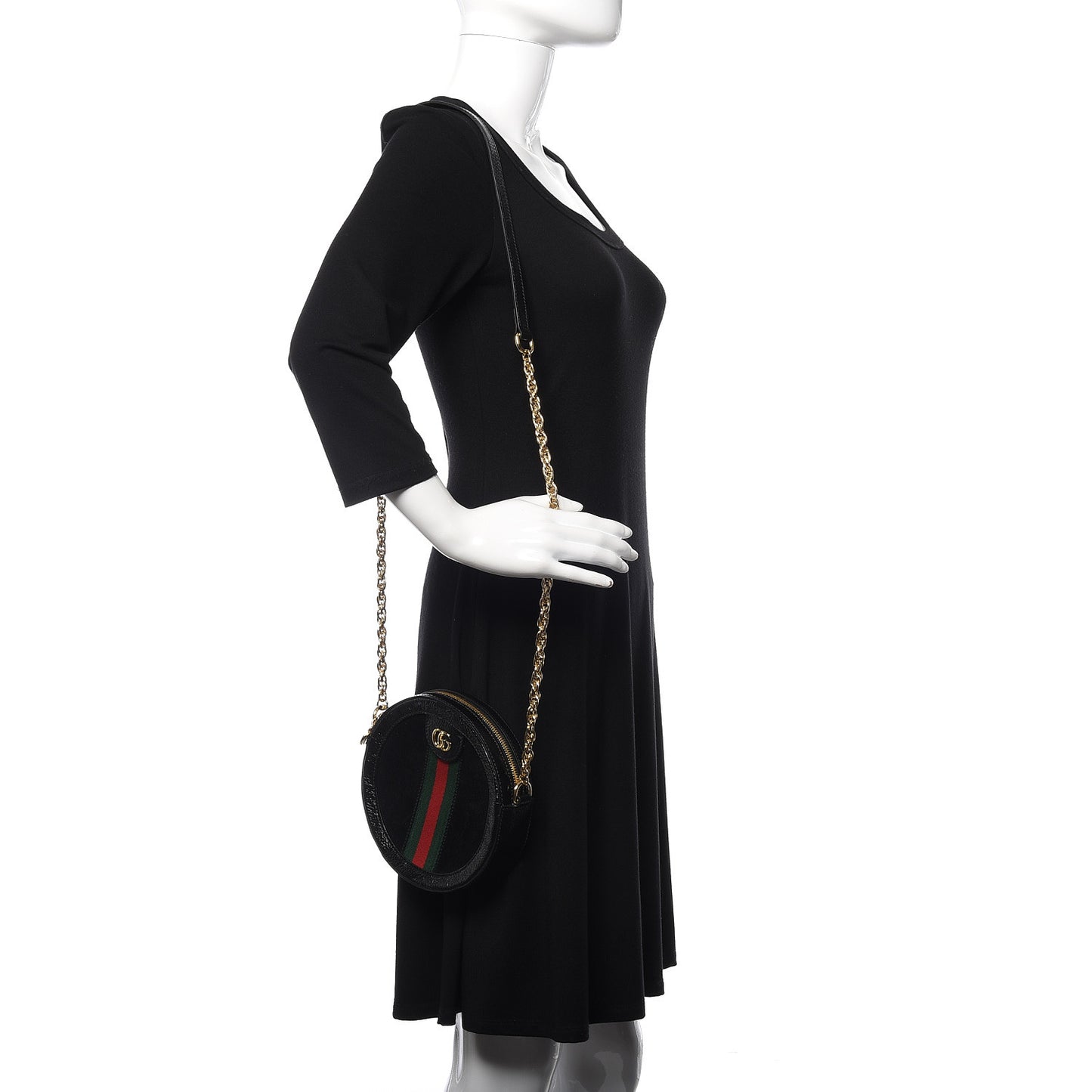 Suede Patent Web Mini Ophidia Round Shoulder Bag Black