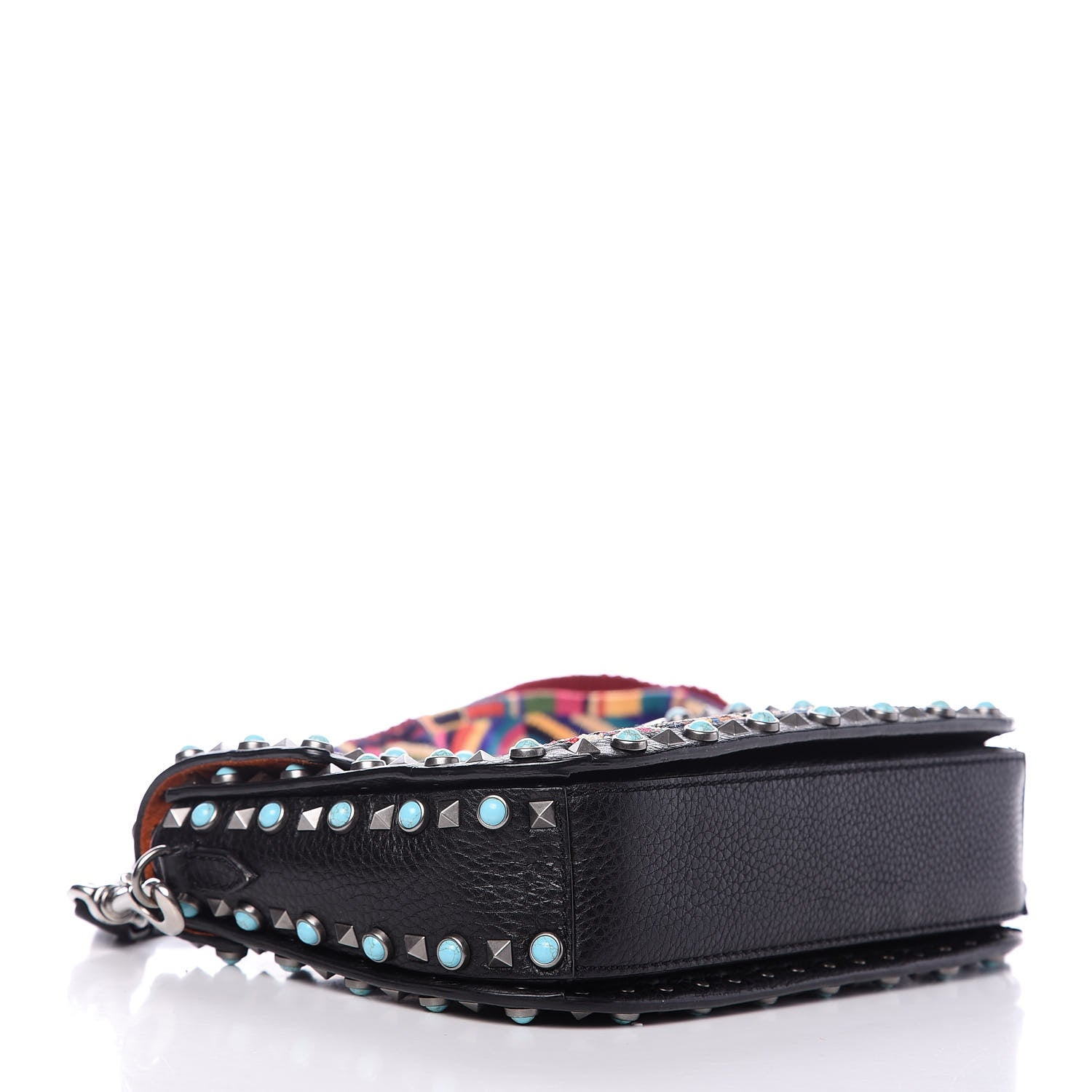 Valentino Garavani Pebbled Calfskin Beaded Medium Guitar Strap Rockstud Rolling Flap Saddle Bag Black 4 of 9