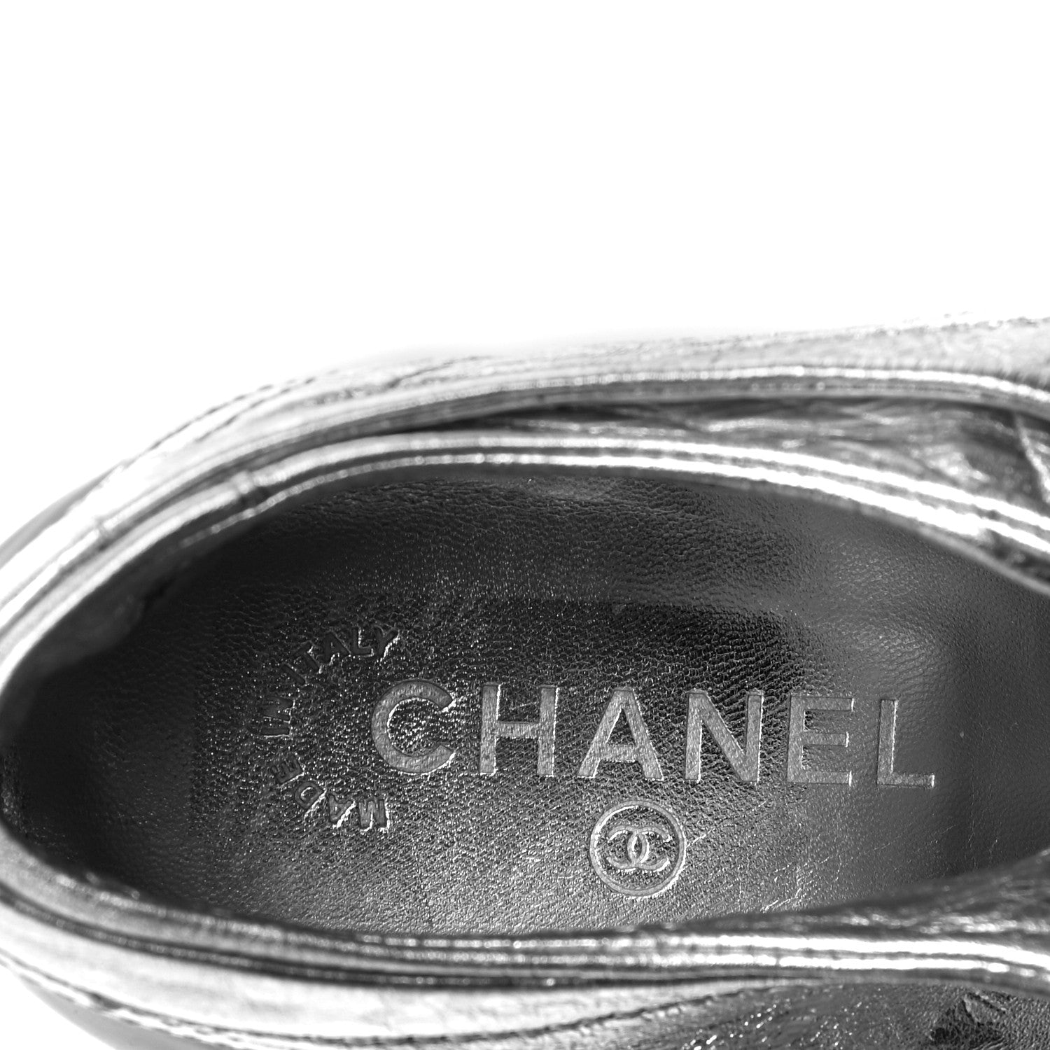 Chanel Metallic Lambskin Patent Cap Toe CC Sneakers 39.5 Silver Black 12 of 17