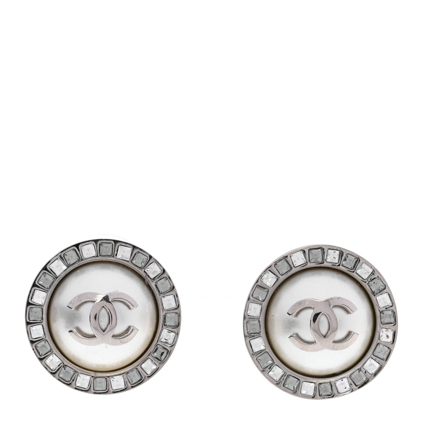 Pearl Baguette CC Round Earrings Silver
