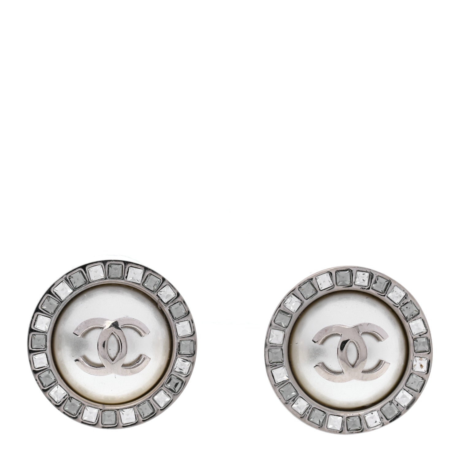 Chanel Pearl Baguette CC Round Earrings Silver 1 of 4