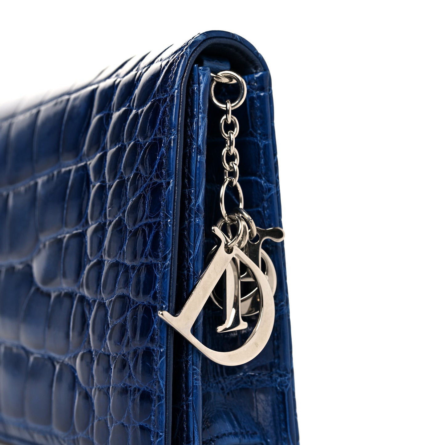Shiny Crocodile Lady Dior Chain Clutch Blue