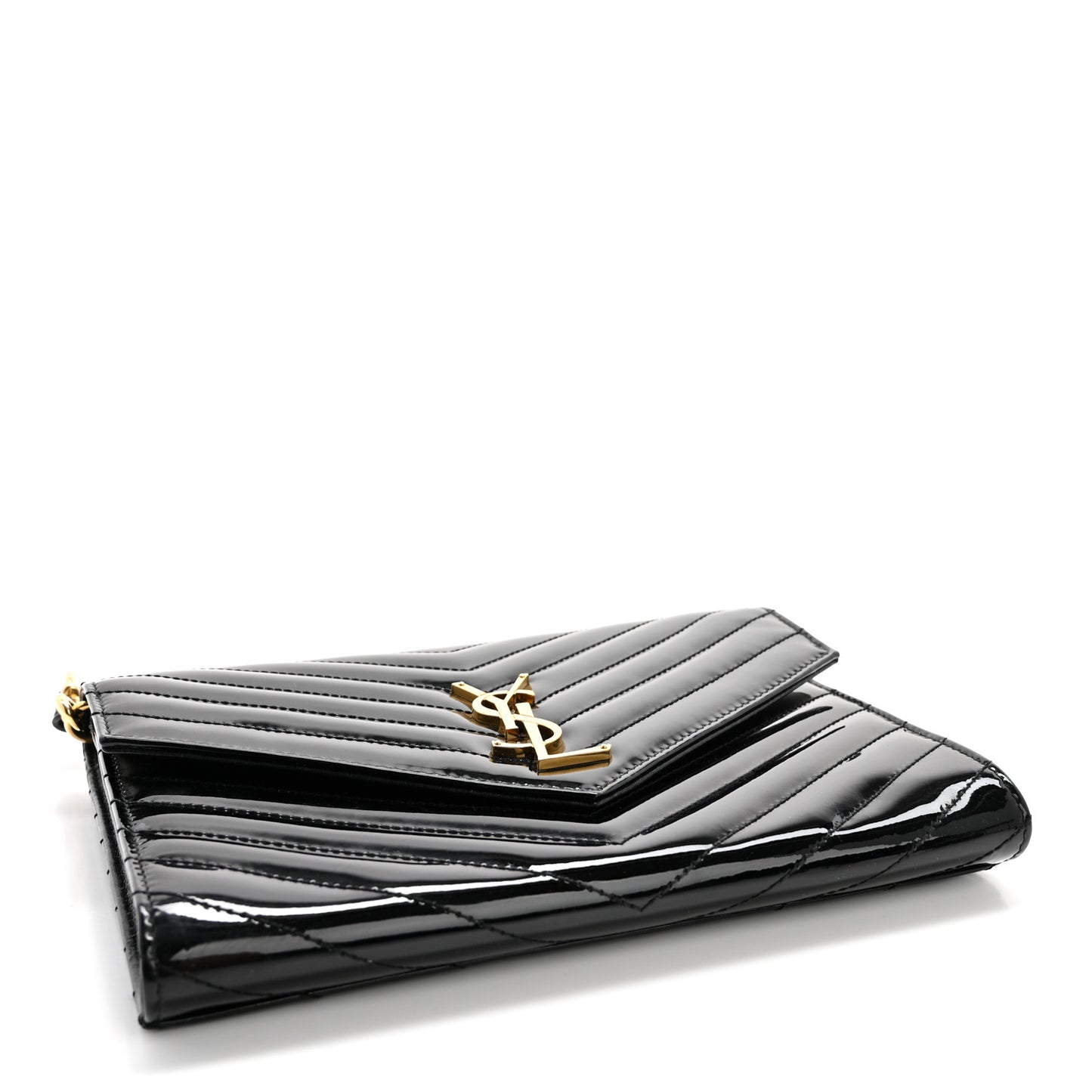 Patent Matelasse Chevron Monogram Envelope Clutch Black