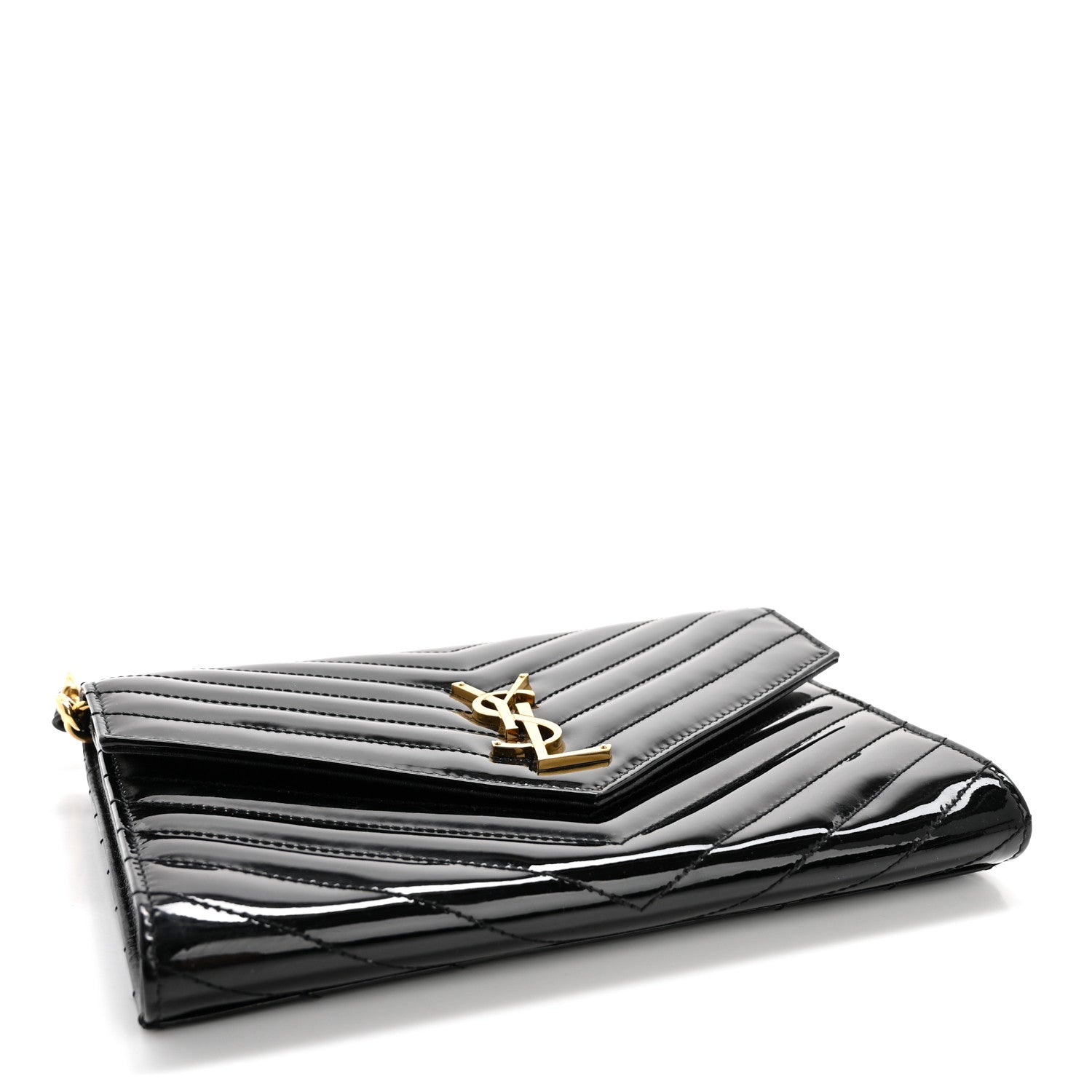 Saint Laurent Patent Matelasse Chevron Monogram Envelope Clutch Black 4 of 10