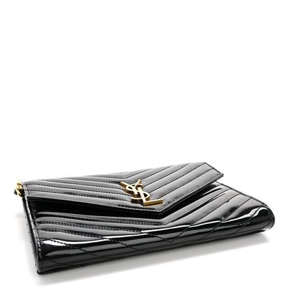 Saint Laurent Patent Matelasse Chevron Monogram Envelope Clutch Black 4 of 10