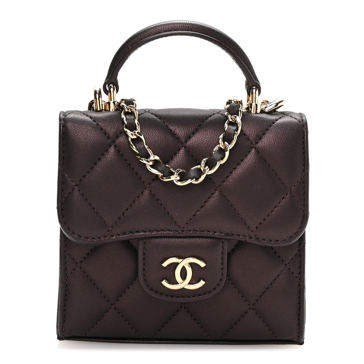 Iridescent Lambskin Quilted Top Handle Clutch With Chain Burgundy