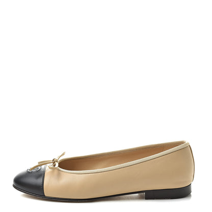 Chanel Lambskin Cap Toe CC Ballerina Flats 37 Beige Black 1 of 12