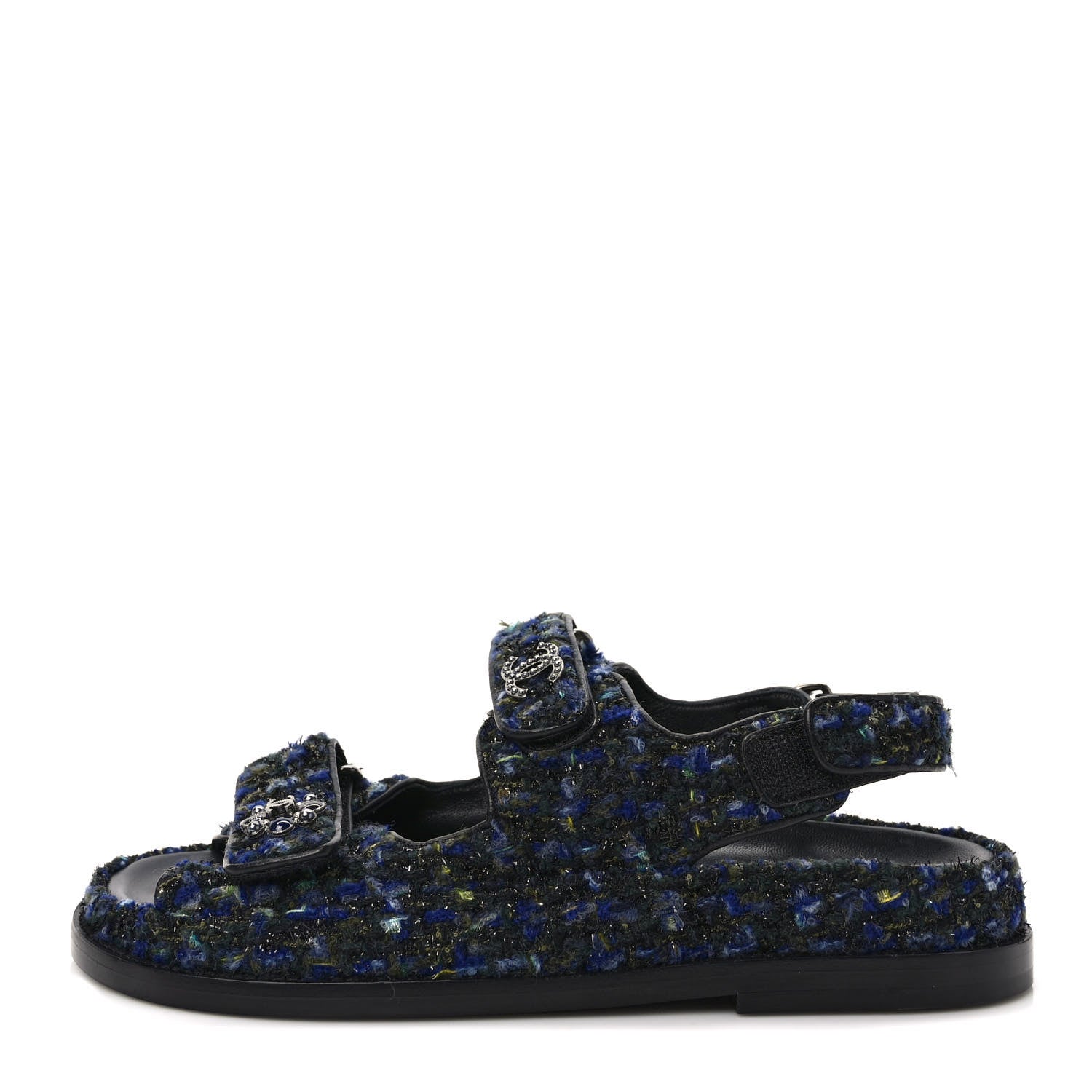 Chanel Iridescent Tweed Velcro Dad Sandals 37 Navy Blue Multicolor 1 of 9