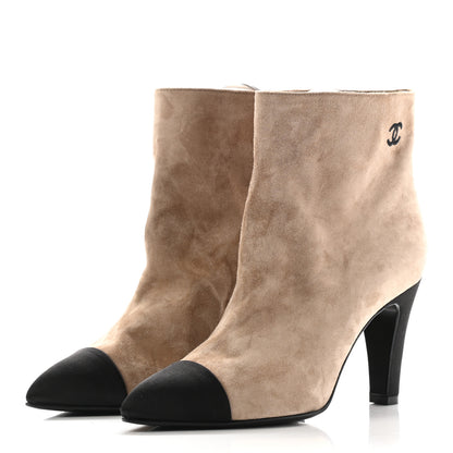 Chanel Suede Calfskin Satin Gabrielle Cap Toe Short Boots 37 Beige Black 3 of 12