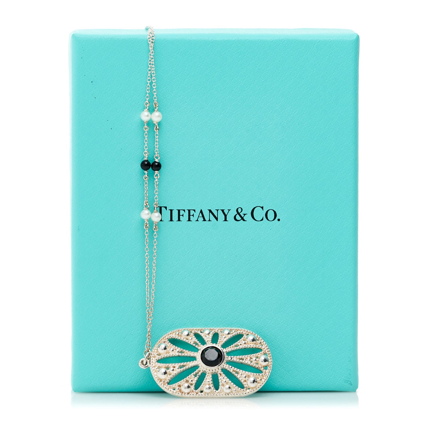 Sterling Silver Black Onyx Pearl Ziegfeld Daisy Pendant Necklace