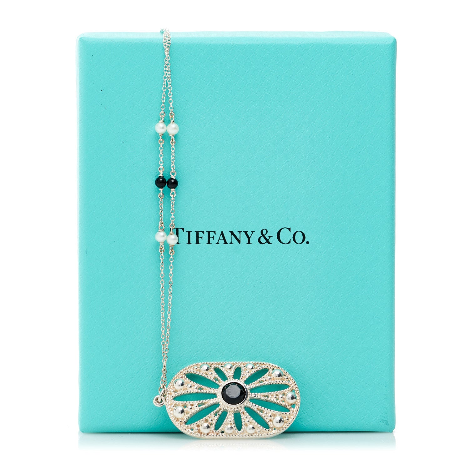 Tiffany Sterling Silver Black Onyx Pearl Ziegfeld Daisy Pendant Necklace 6 of 6