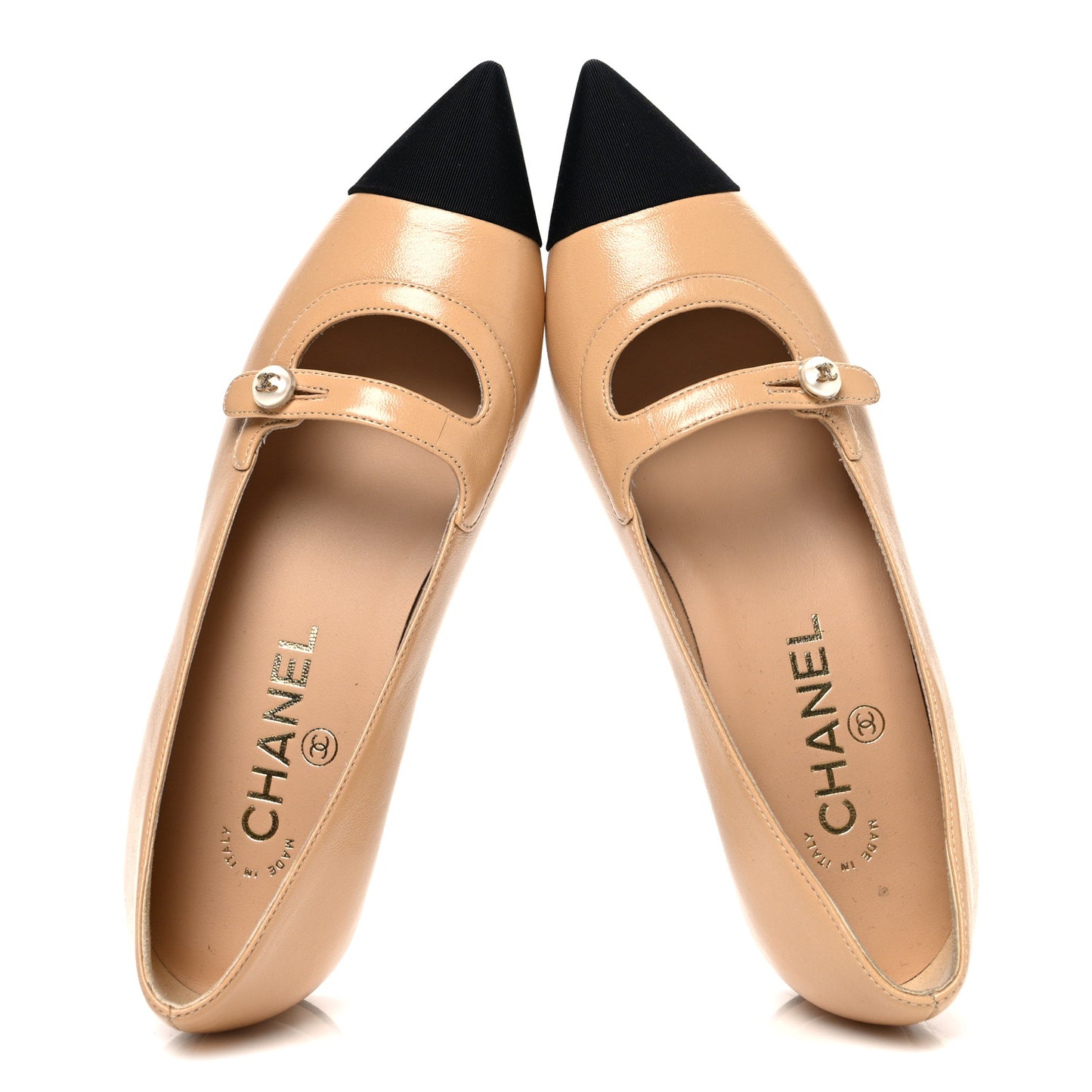 Shiny Lambskin Grosgrain Pointed Toe CC Ballet Flats 36 Beige Black