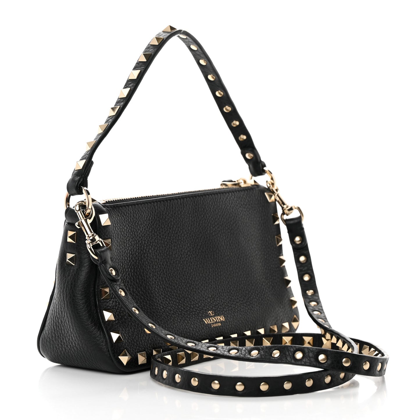 Pebbled Calfskin Small Rockstud Flip Lock Shoulder Bag Black