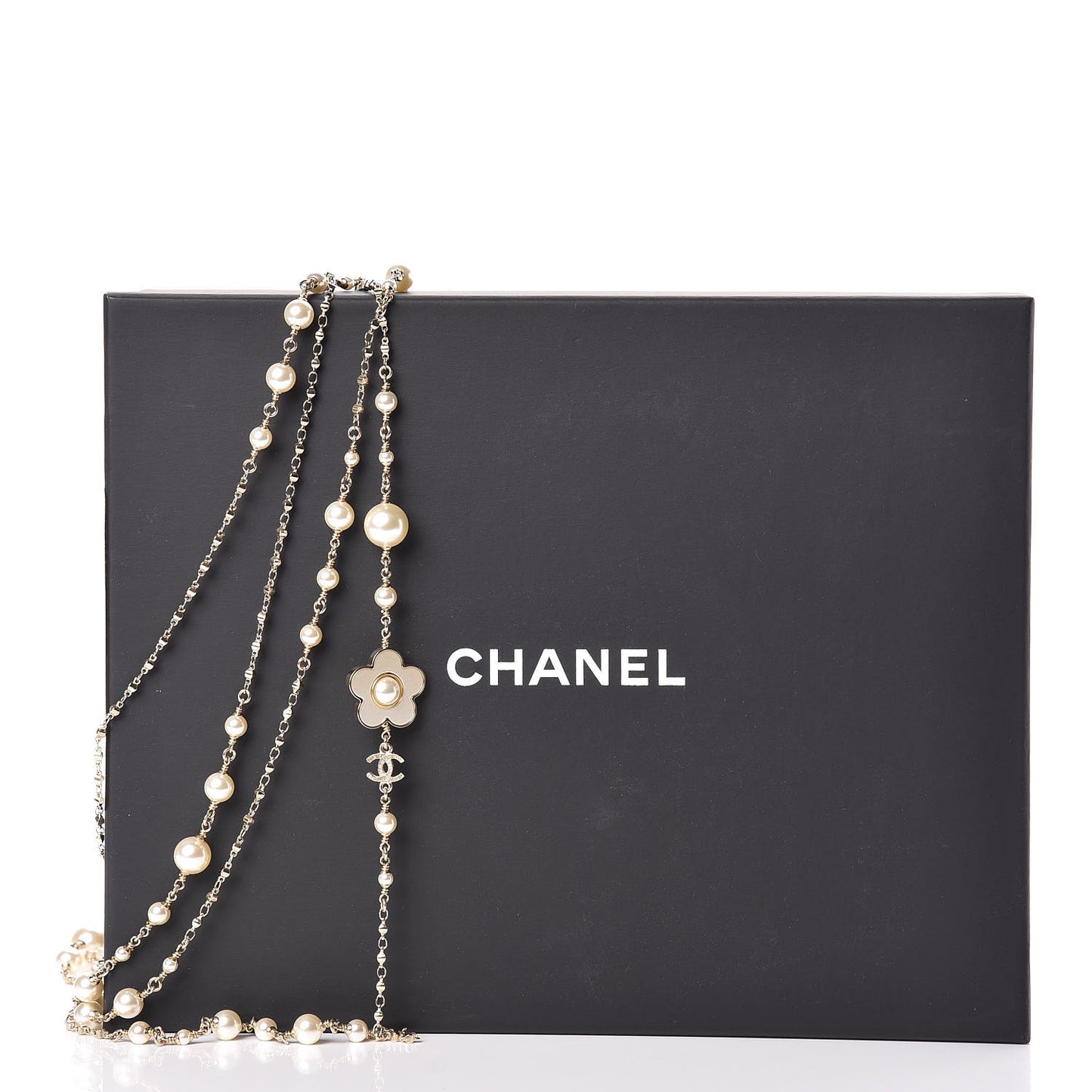 Pearl Flower CC Multi Strand Long Necklace Gold
