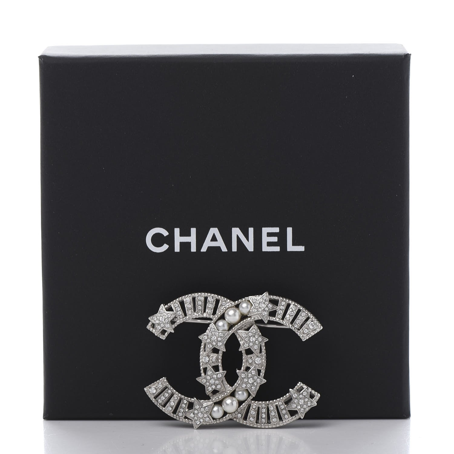 Chanel Crystal Pearl CC Star Coco Flapper Brooch Silver 5 of 5
