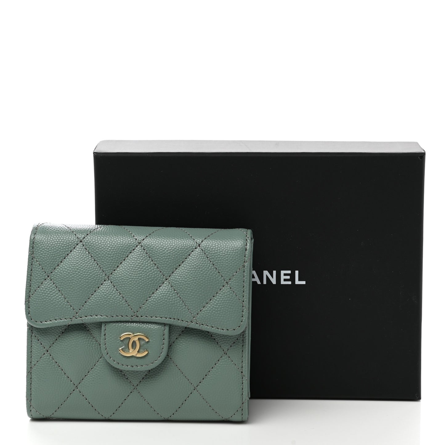 Metallic Caviar Quilted Compact Flap Wallet Dark Green
