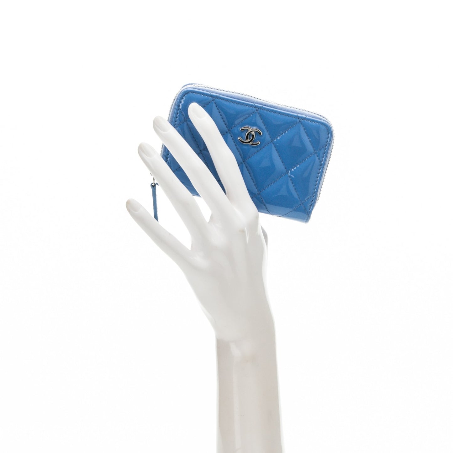 Patent Calfskin Quilted Zip Coin Purse Blue