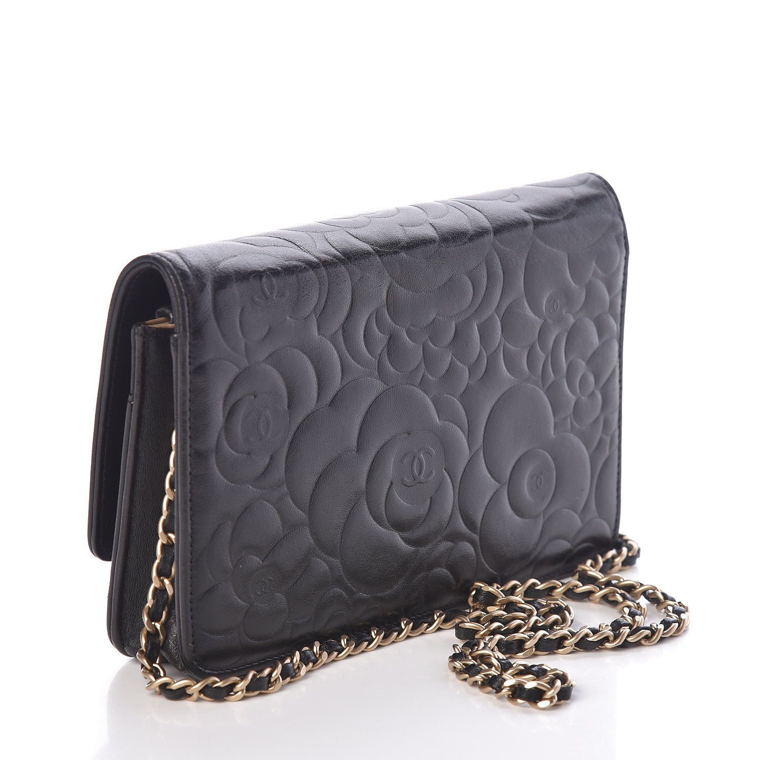 Chanel Lambskin Camellia Embossed Wallet On Chain WOC Black 3 of 10