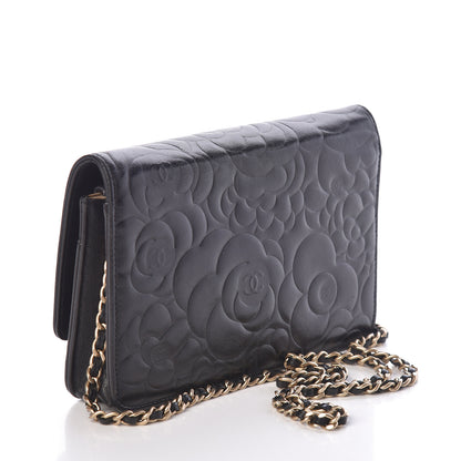 Chanel Lambskin Camellia Embossed Wallet On Chain WOC Black 3 of 10