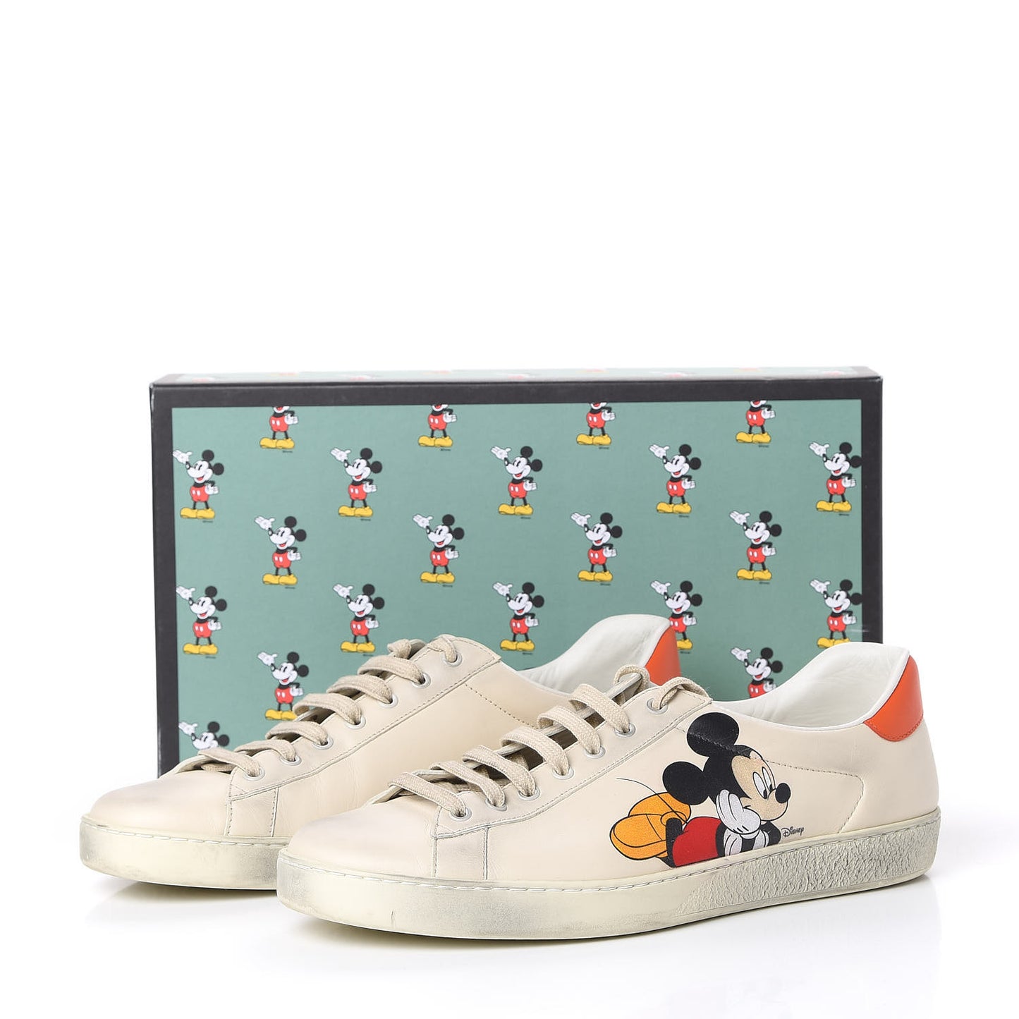 X DISNEY Miro Soft Calfskin Mickey Mouse Print Mens Ace Sneakers 11 Ivory Deep Orange