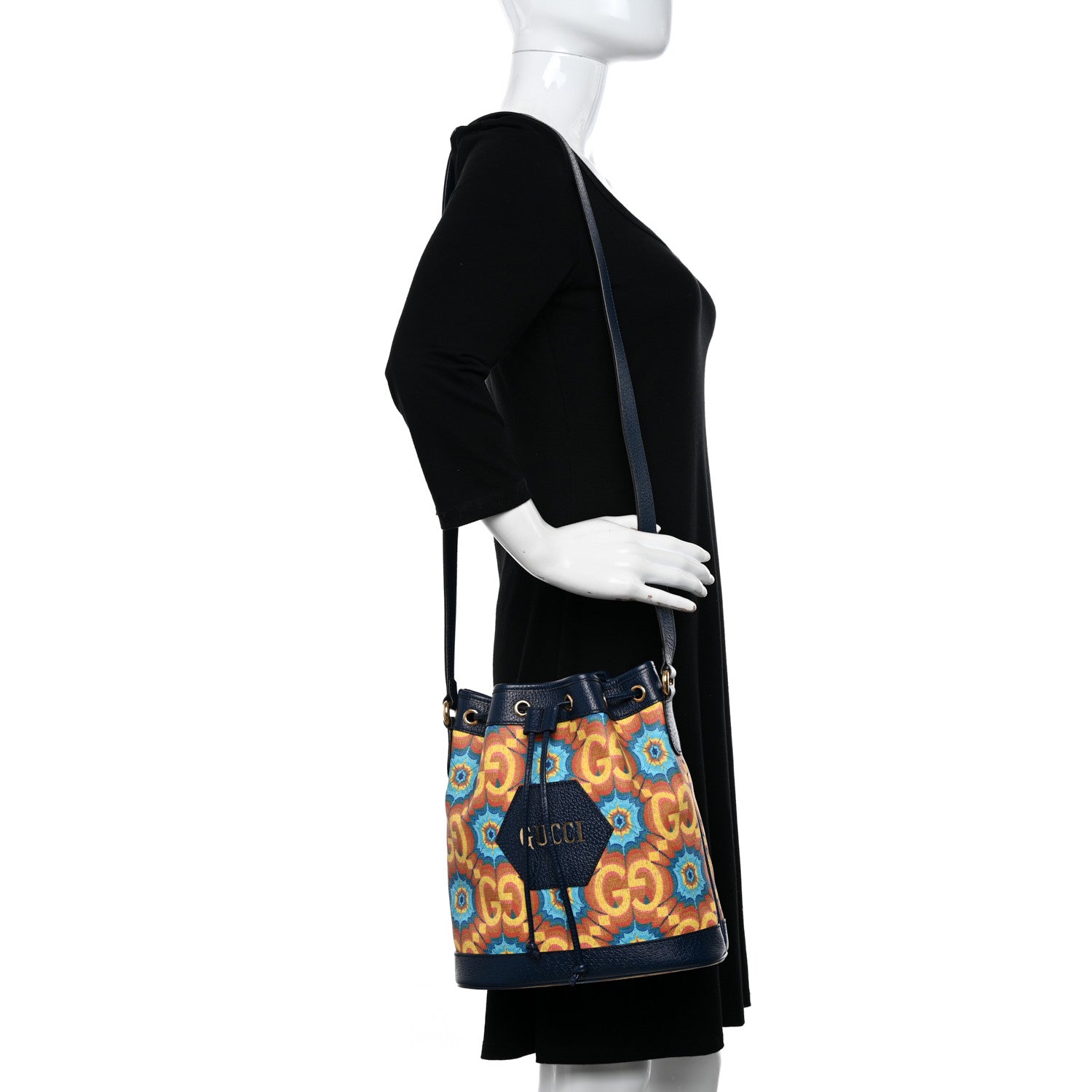 Gucci GG Supreme Kaleidoscope Calfskin Script Logo Gucci 100 Bucket Drawstring Bag Blue Orange Multicolor Blue Agata 2 of 10