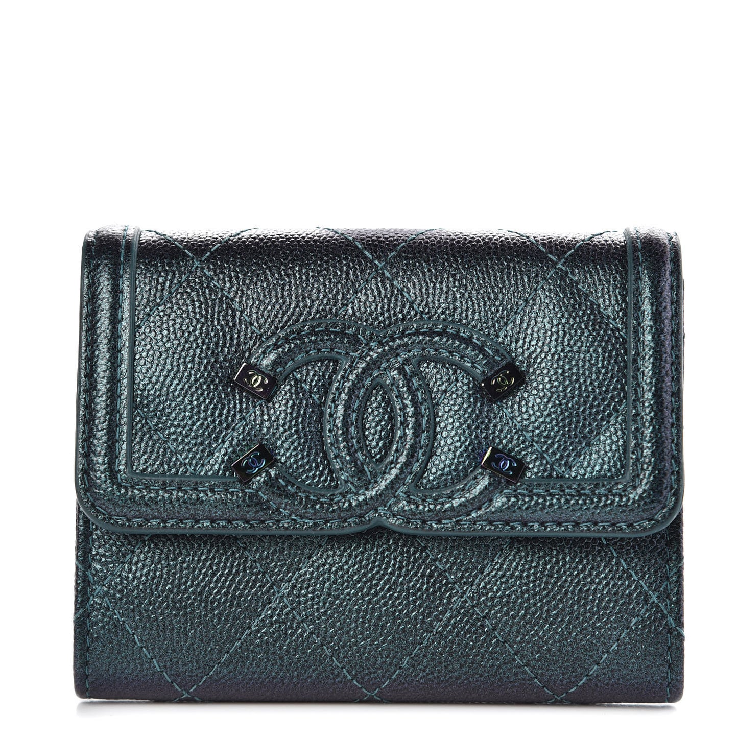 Iridescent Caviar Quilted Filigree Card Holder Dark Turquoise