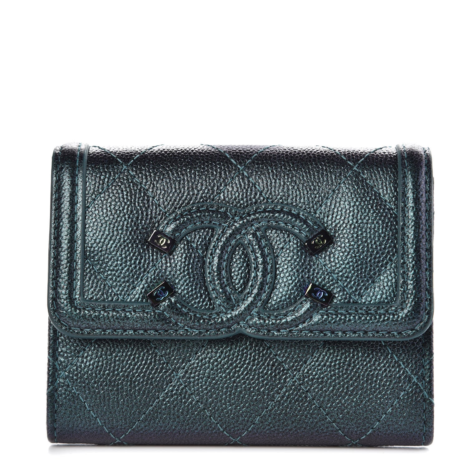 Chanel Iridescent Caviar Quilted Filigree Card Holder Dark Turquoise 1 of 9