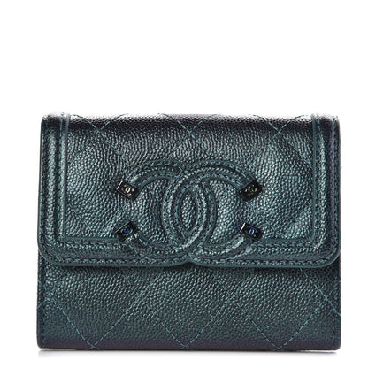 Chanel Iridescent Caviar Quilted Filigree Card Holder Dark Turquoise 1 of 9