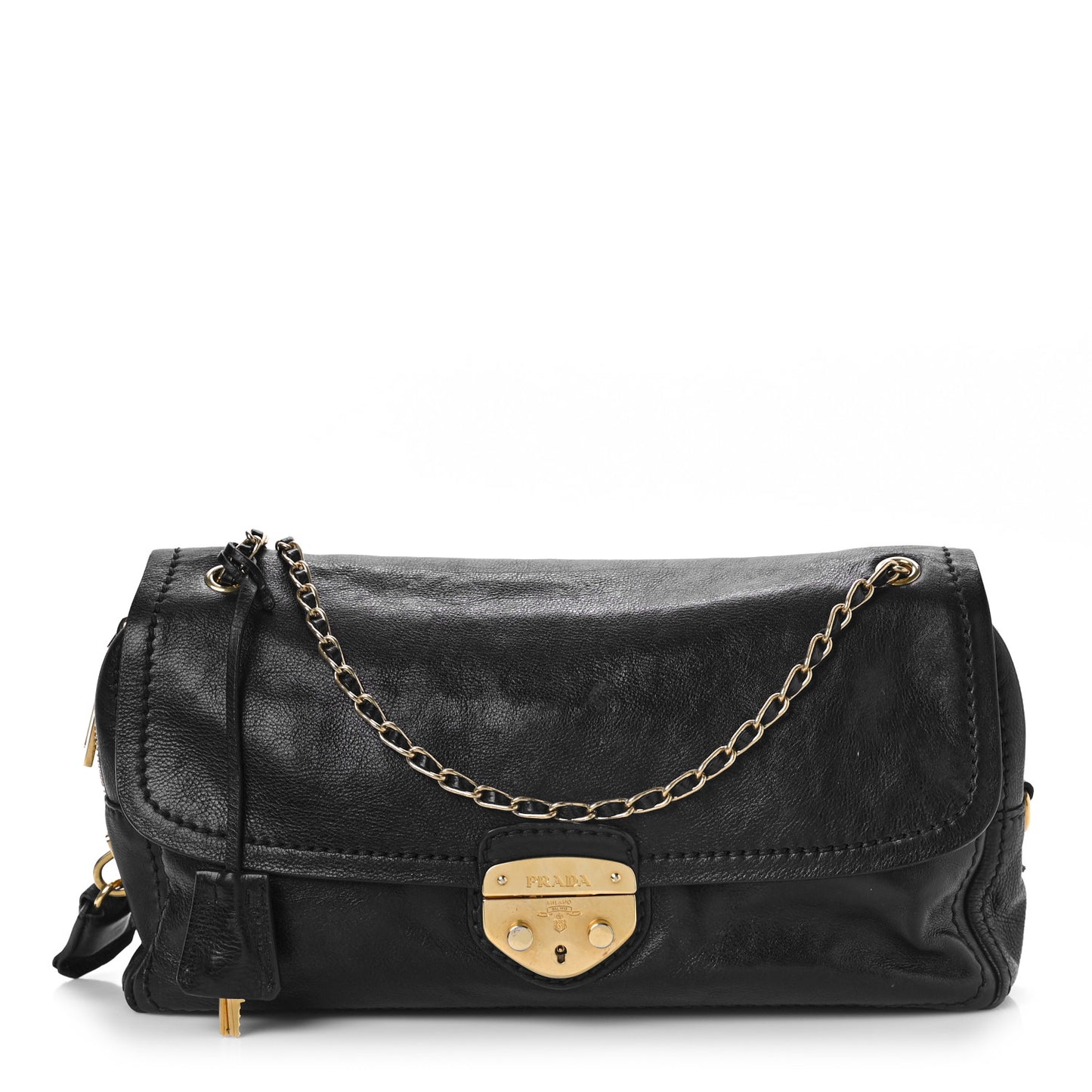 Calf Easy Foldover Pushlock Shoulder Bag Black