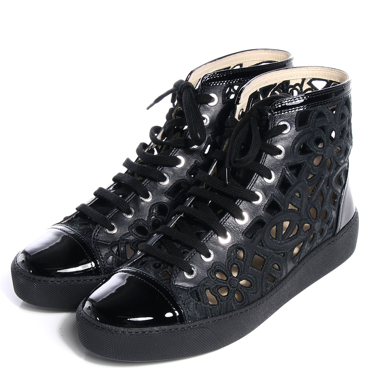 Patent Grained Goatskin Laser Cut Camellia High Tops 40 Black
