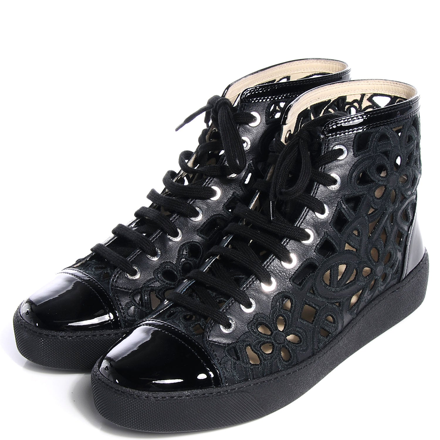 Chanel Patent Grained Goatskin Laser Cut Camellia High Tops 40 Black 3 of 7